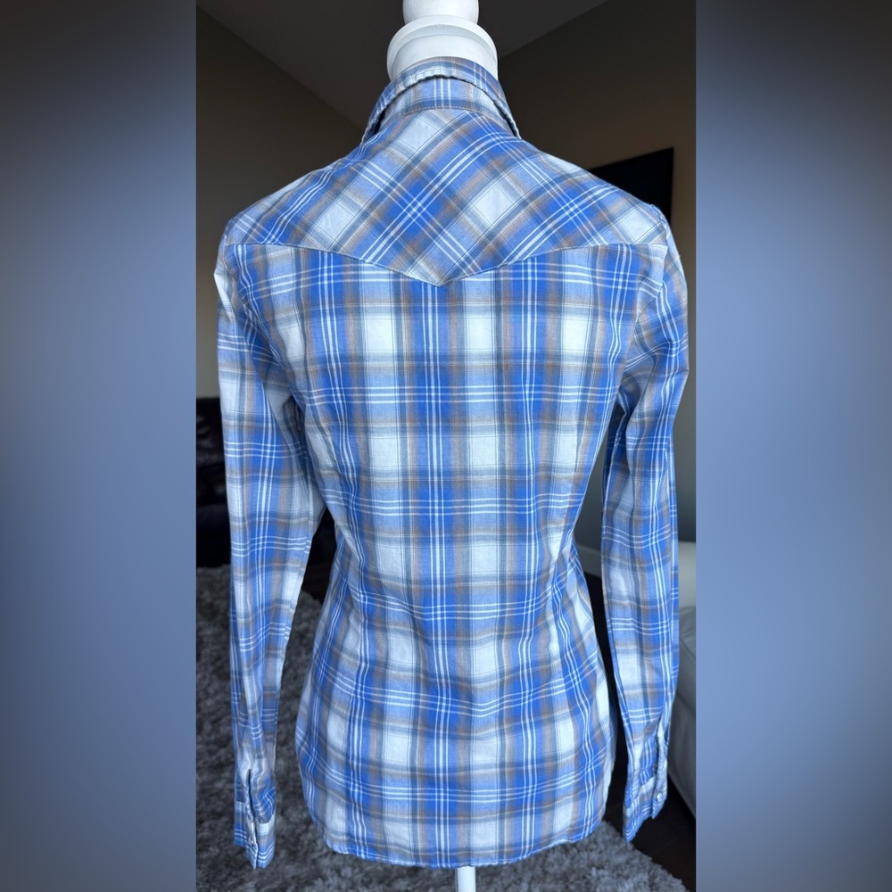 Roper XS Long Sleeve Button Down Western Shirt Blue White and Tan Plaid, Snaps - Picture 4 of 8